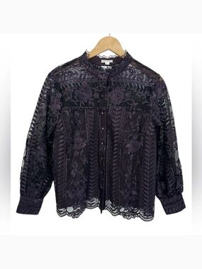 Ultra Pink Eggplant Lace Mock Neck Sheer Romantic Victorian Blouse Long Sleeve L